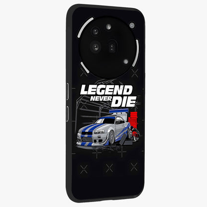 Midnight Racing Legacy Glass Case upright view showcasing powerful racing artwork with modern sports theme.