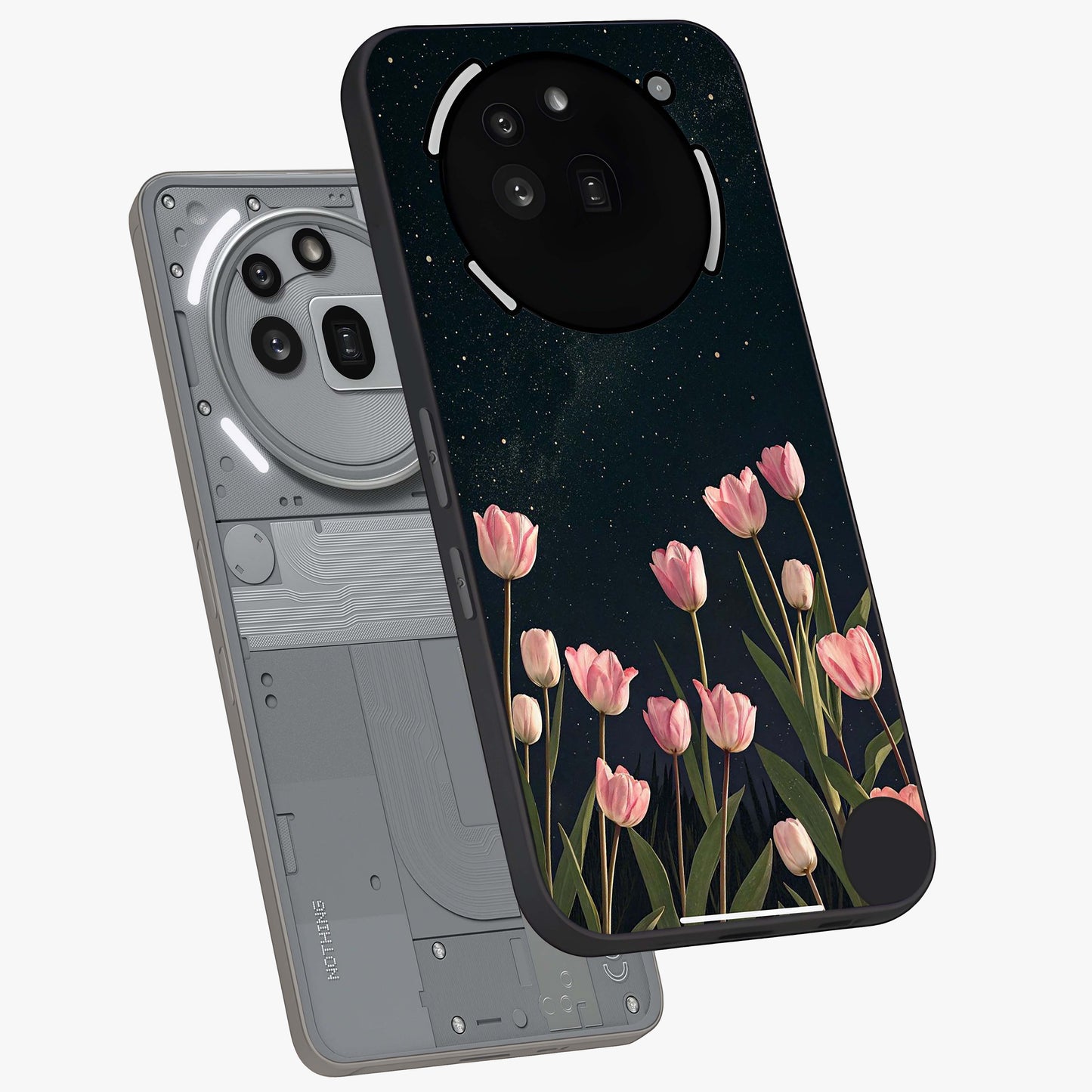 Midnight Tulip Whispers Vibe Glass Case displayed in angled mockup highlighting delicate tulip design with midnight floral aesthetic.