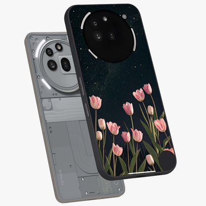 Midnight Tulip Whispers Vibe Glass Case displayed in angled mockup highlighting delicate tulip design with midnight floral aesthetic.