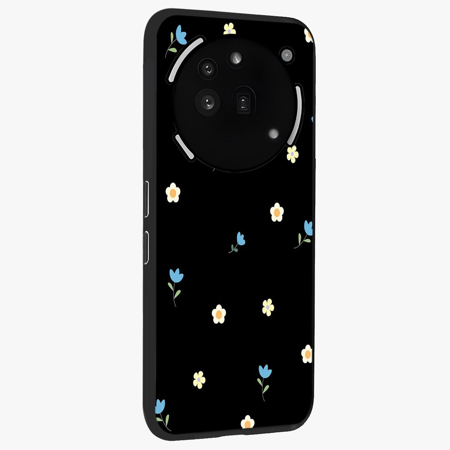 Minimal Petal Whispers Glass Case upright view showcasing elegant floral artwork with modern minimalist style.