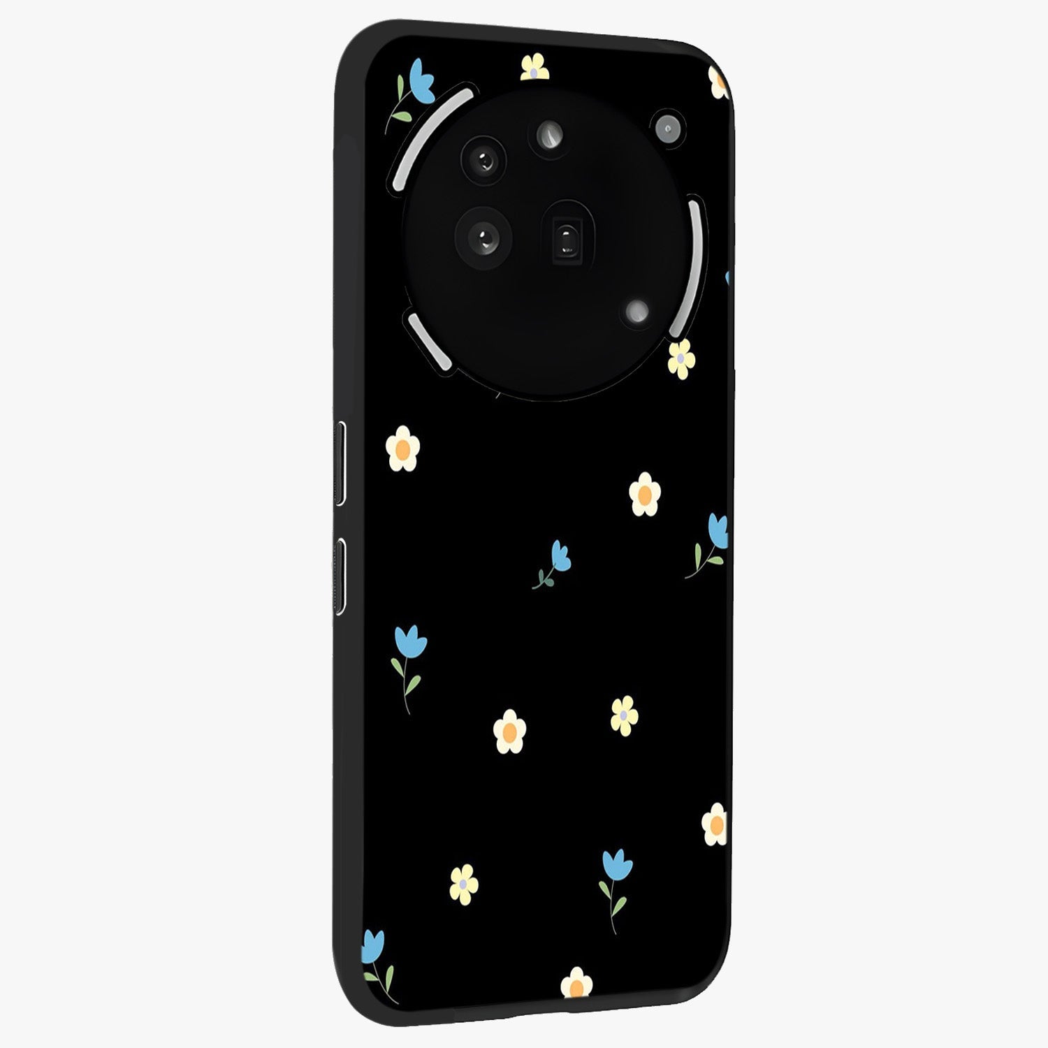 Minimal Petal Whispers Glass Case upright view showcasing elegant floral artwork with modern minimalist style.