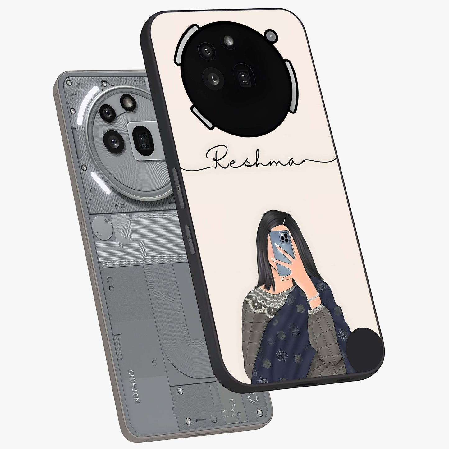 Mirror Mood Muse With Custom Name Glass Case displayed in angled mockup highlighting aesthetic mirror inspired design with custom name feature.