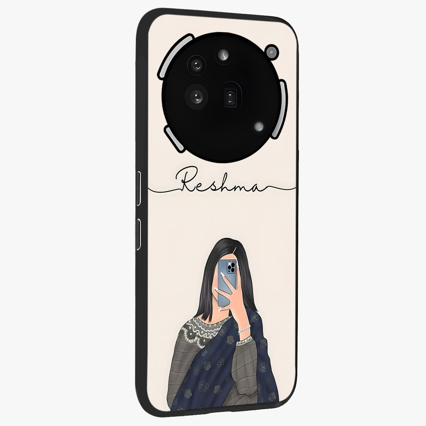 Mirror Mood Muse With Custom Name Glass Case upright view showcasing artistic mirror themed artwork with personalized aesthetic.