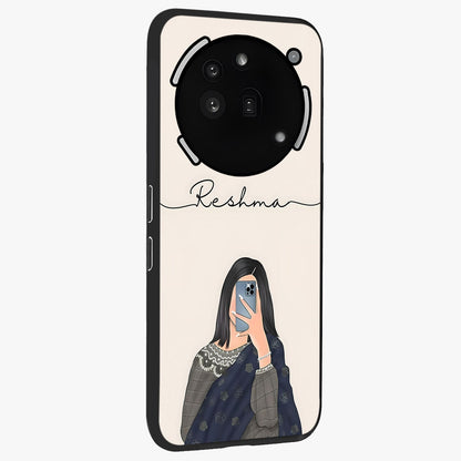 Mirror Mood Muse With Custom Name Glass Case upright view showcasing artistic mirror themed artwork with personalized aesthetic.