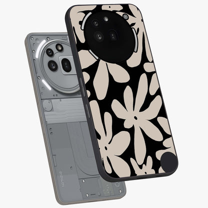 Monochrome Petal Dance Glass Case displayed in angled mockup highlighting elegant petal design with black and white aesthetic.