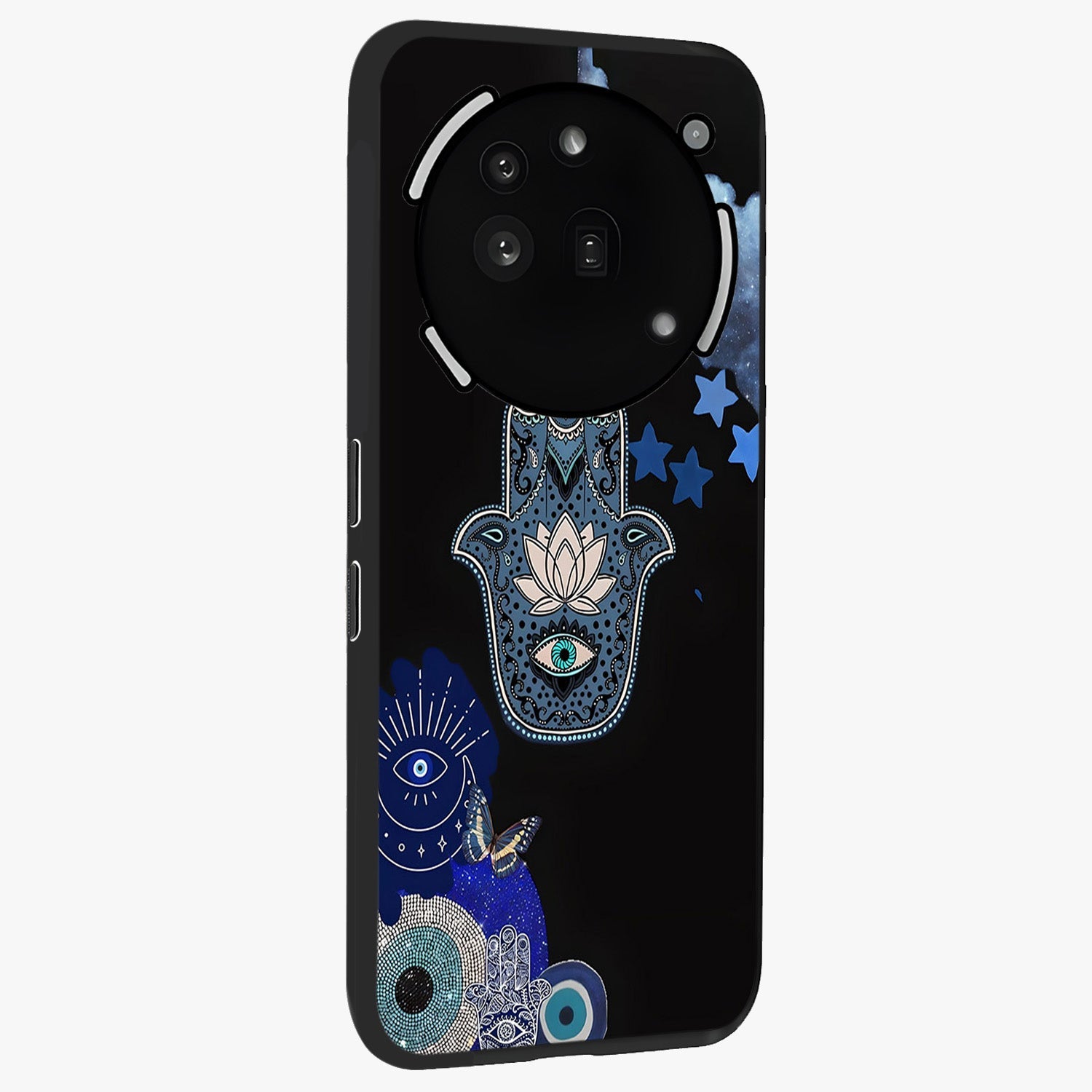 Mystic Hand Aura Glass Case upright view showcasing symbolic hand artwork with mystical energy theme.