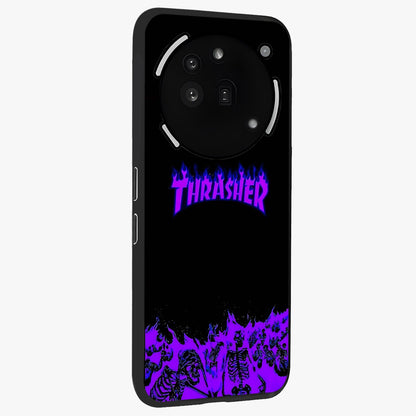 Neon Flame Riot Glass Case upright view showcasing dynamic flame artwork with energetic neon theme.