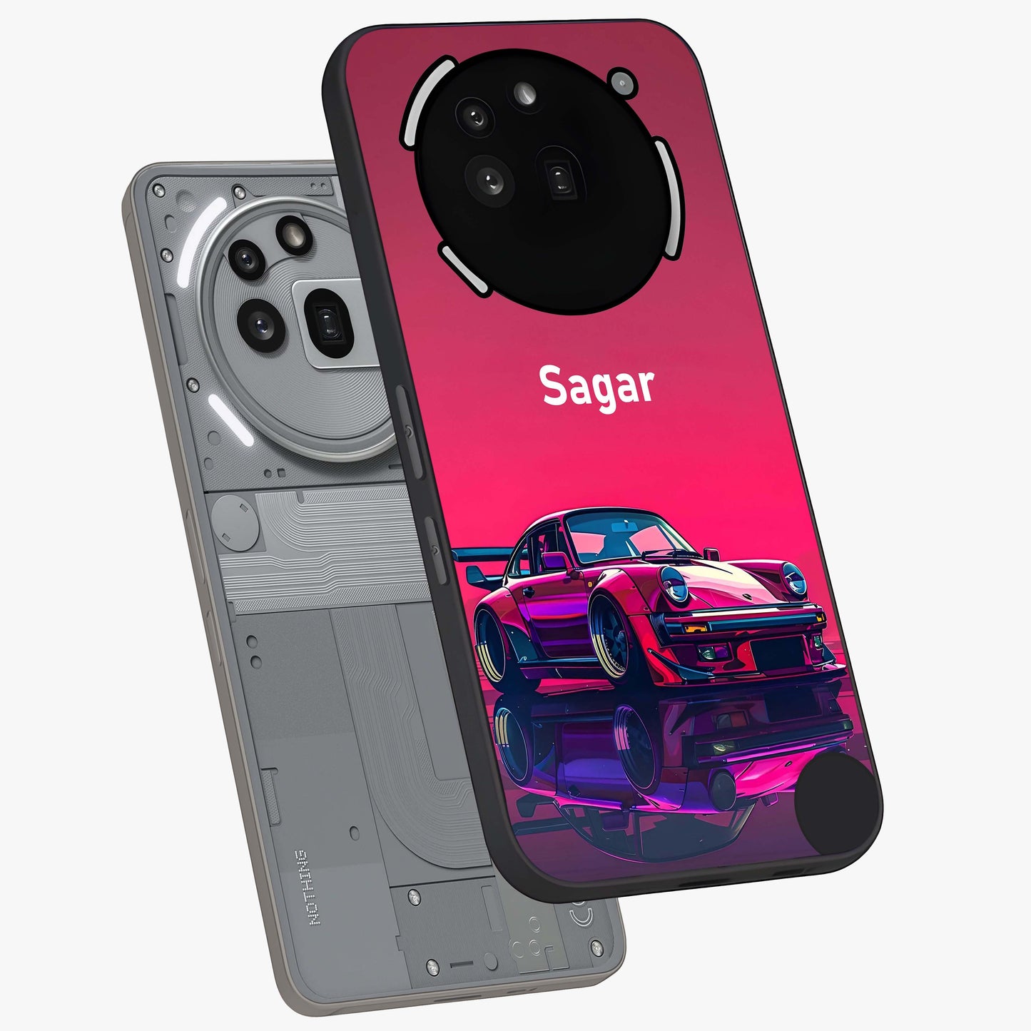 Neon Pink Porsche Glass Case displayed in angled mockup highlighting sleek neon pink car design with racing aesthetic.
