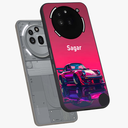 Neon Pink Porsche Glass Case displayed in angled mockup highlighting sleek neon pink car design with racing aesthetic.