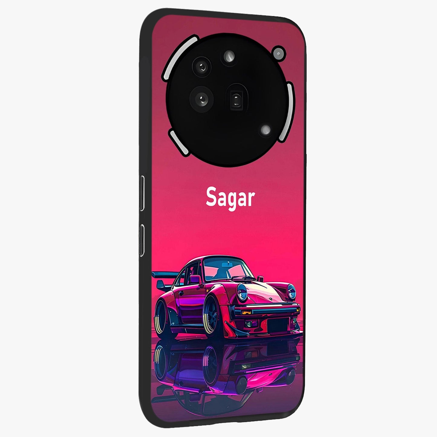 Neon Pink Porsche Glass Case upright view showcasing vibrant sports car artwork with bold automotive theme.