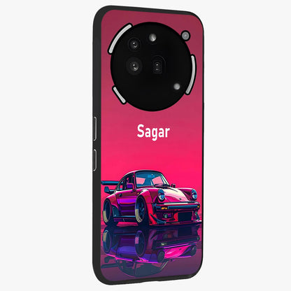 Neon Pink Porsche Glass Case upright view showcasing vibrant sports car artwork with bold automotive theme.