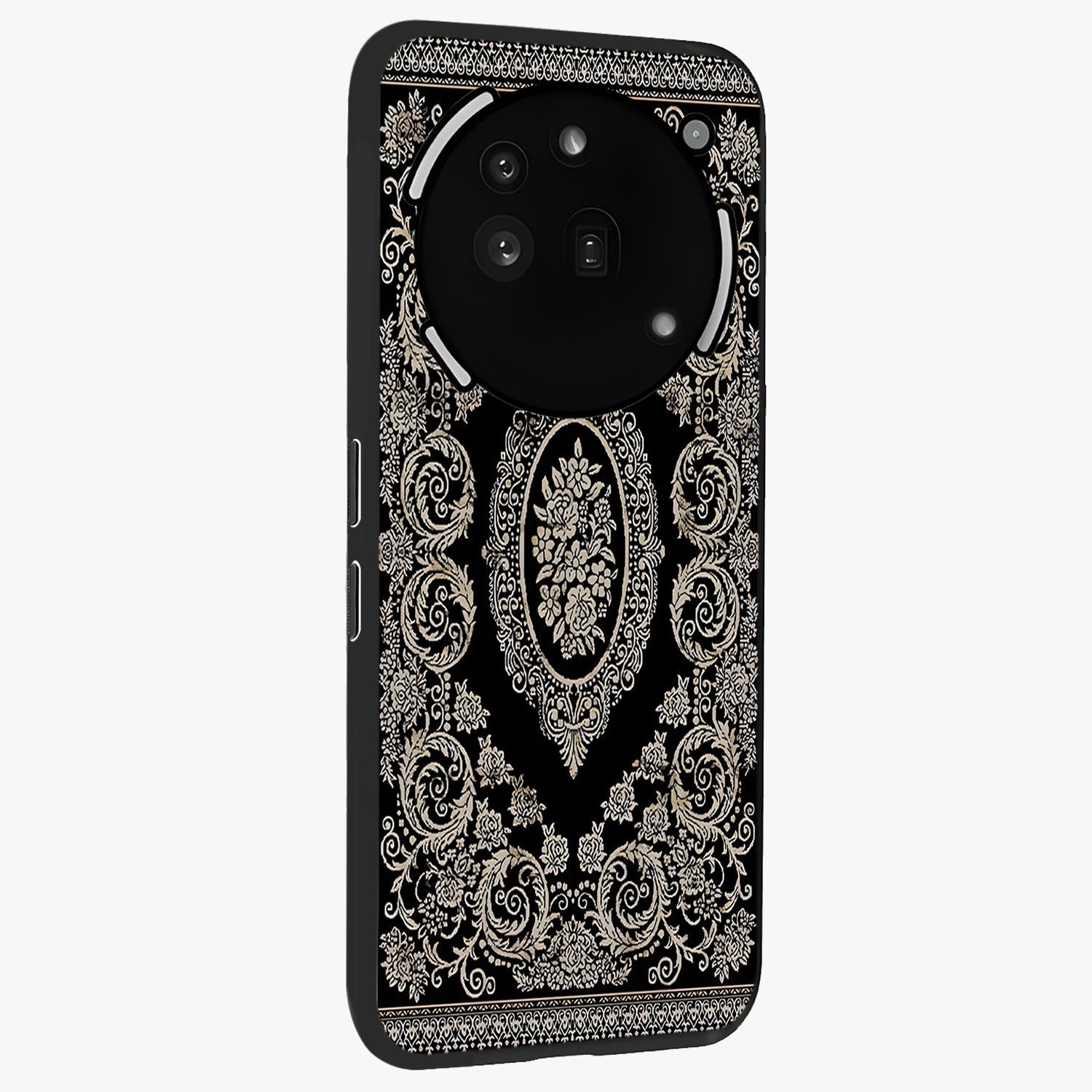 Noir Bloom Elegance Glass Case upright view showcasing graceful floral artwork with luxurious dark theme.