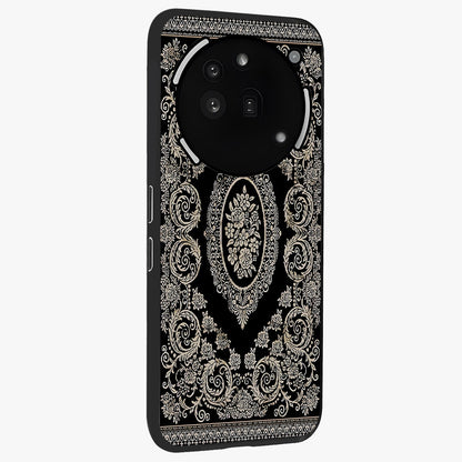 Noir Bloom Elegance Glass Case upright view showcasing graceful floral artwork with luxurious dark theme.