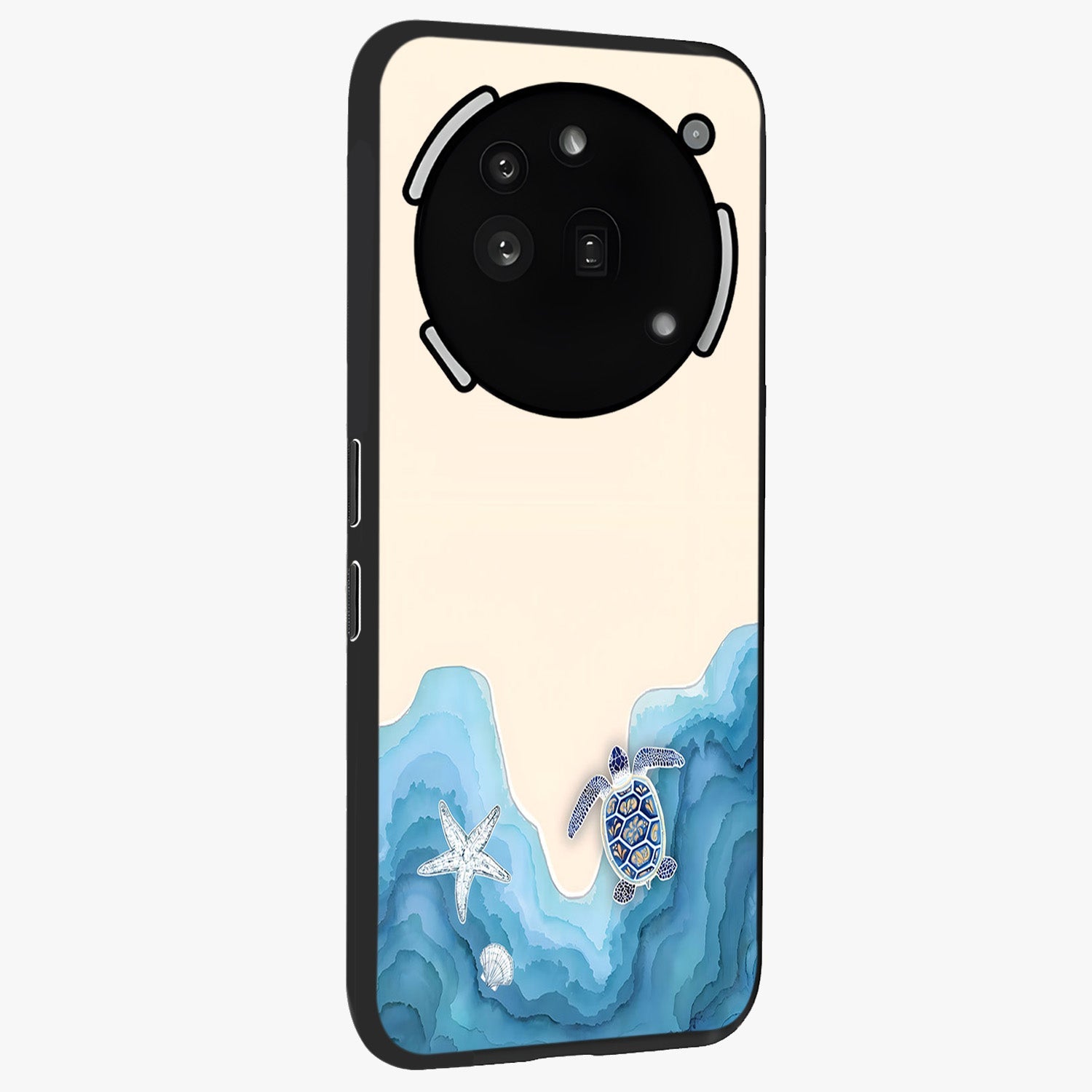 Ocean Drift Turtle Glass Case upright view showcasing calm underwater turtle artwork with nature inspired theme.