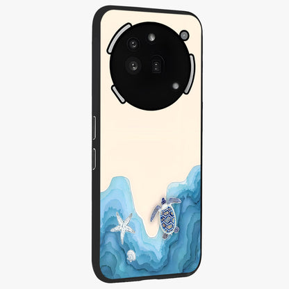 Ocean Drift Turtle Glass Case upright view showcasing calm underwater turtle artwork with nature inspired theme.