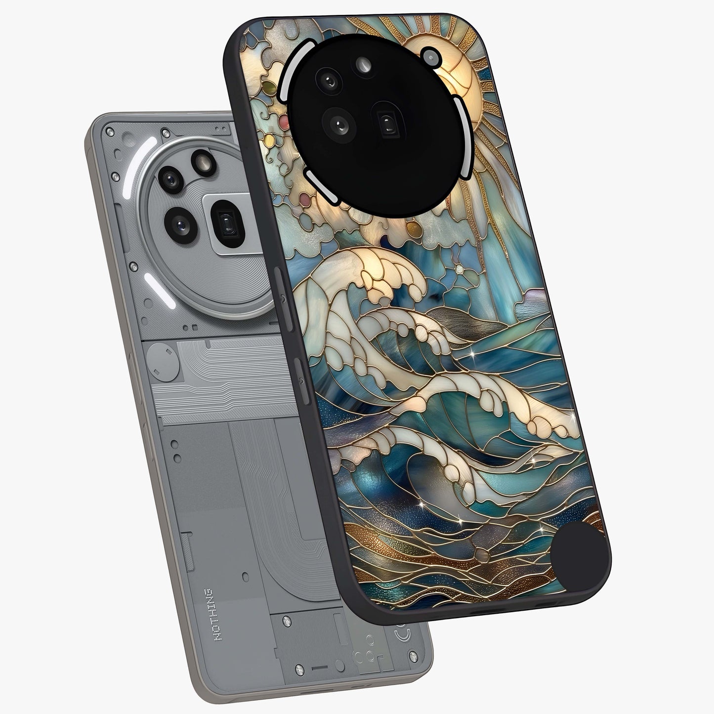 Oceanic Stained Printed Glass Case displayed in angled mockup highlighting colorful aquatic design with artistic aesthetic style.