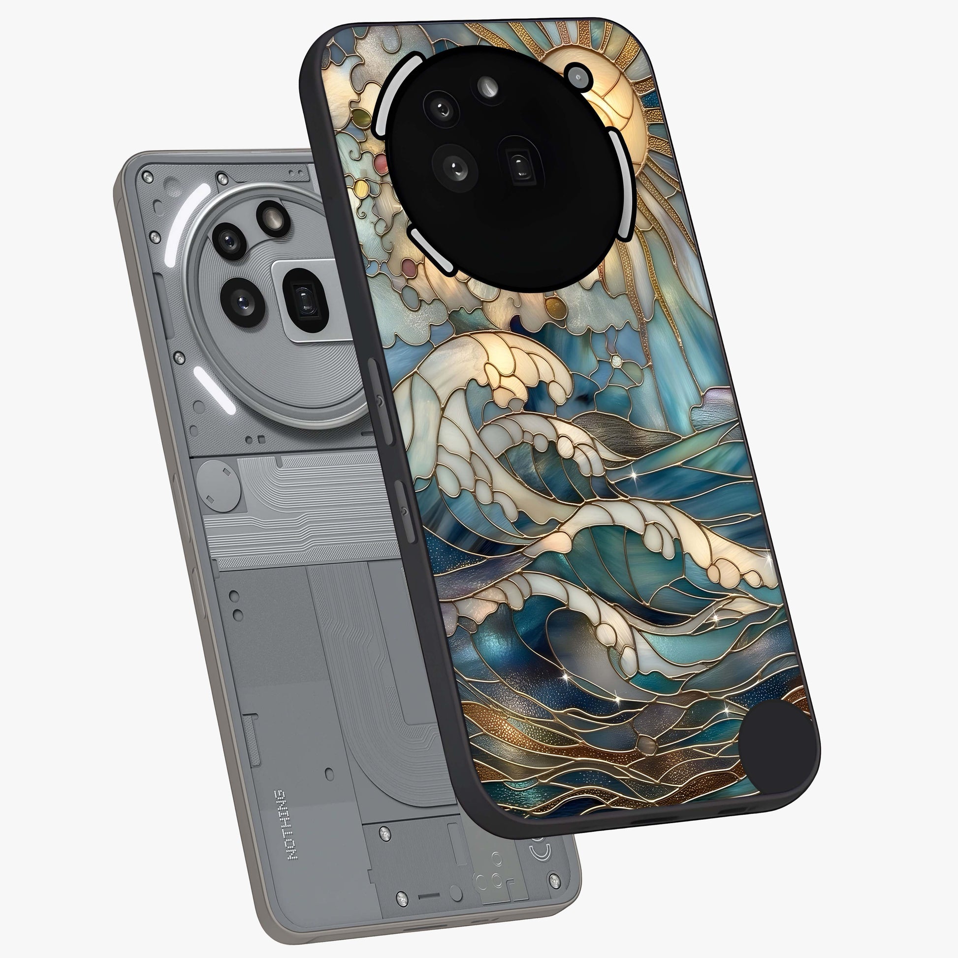 Oceanic Stained Printed Glass Case displayed in angled mockup highlighting colorful aquatic design with artistic aesthetic style.