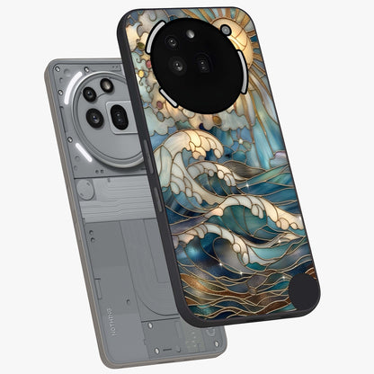 Oceanic Stained Printed Glass Case displayed in angled mockup highlighting colorful aquatic design with artistic aesthetic style.
