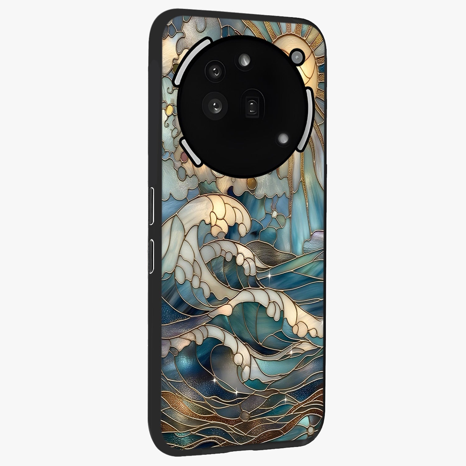 Oceanic Stained Printed Glass Case upright view showcasing decorative ocean pattern artwork with vibrant marine theme.