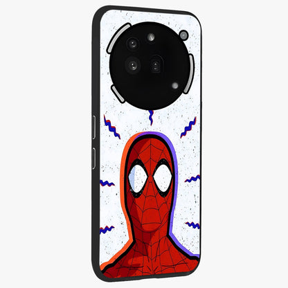 Omg Spiderman Glass Case upright view showcasing energetic superhero artwork with vibrant comic theme.
