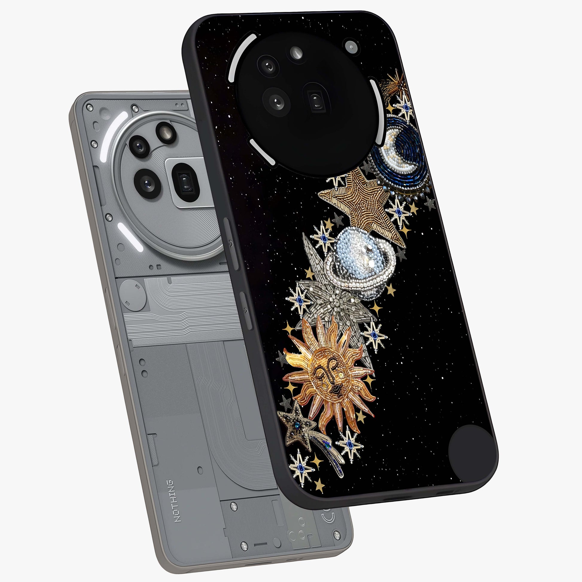 Pearls Universe Object Glass Case displayed in angled mockup highlighting celestial pearl design with dreamy aesthetic.