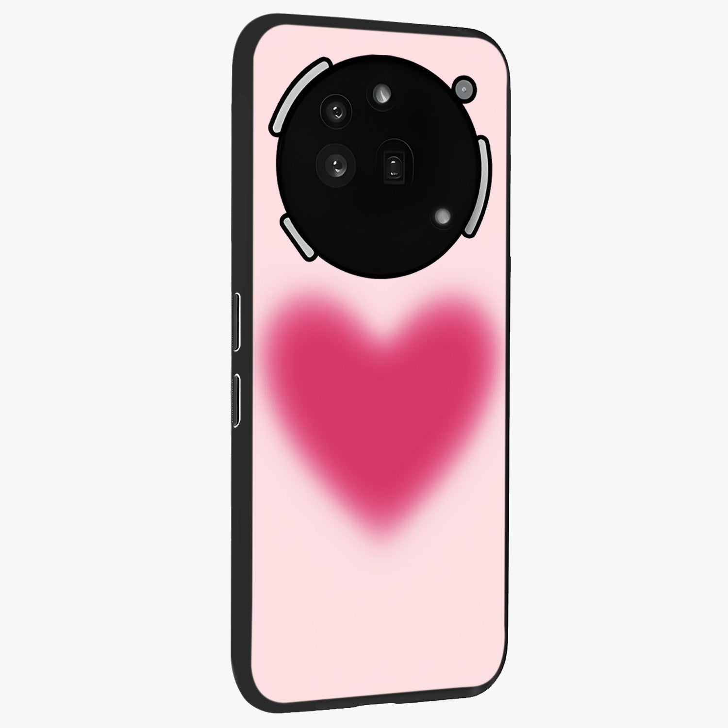 Pink Aura Heart Glass Case upright view showcasing romantic heart artwork with soft pastel theme.
