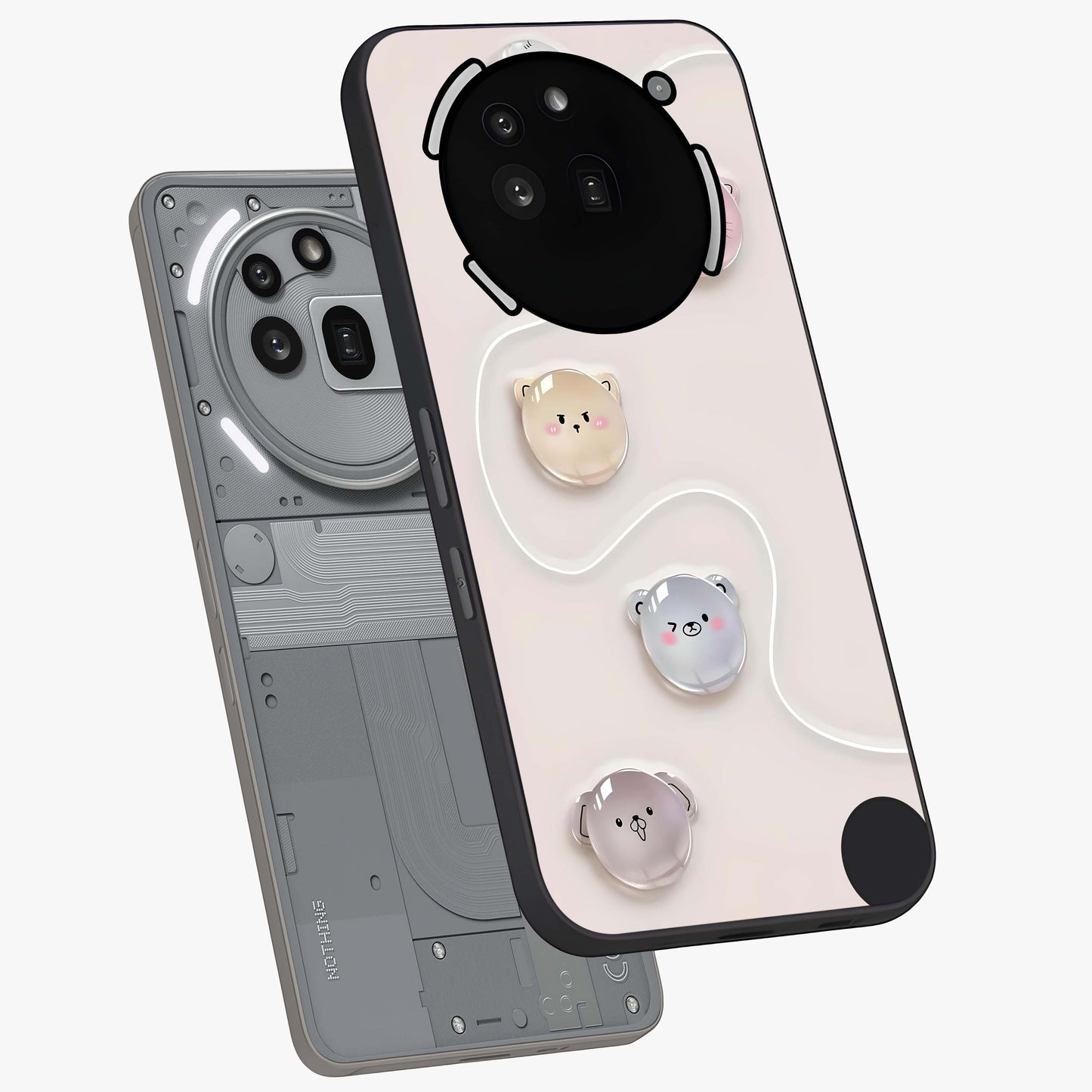 Puffy Face Parade Glass Case displayed in angled mockup highlighting playful cartoon face design with fun aesthetic.