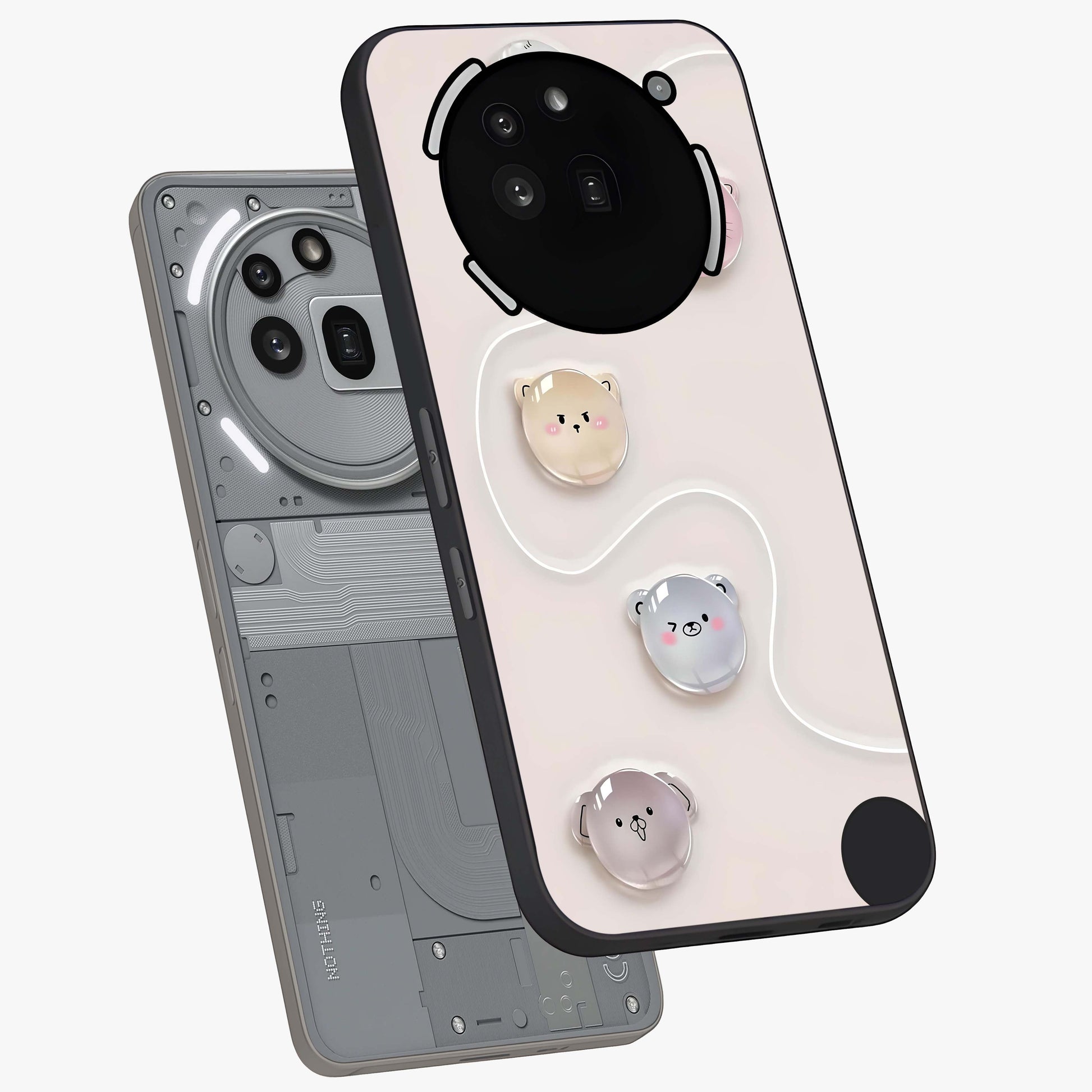 Puffy Face Parade Glass Case displayed in angled mockup highlighting playful cartoon face design with fun aesthetic.
