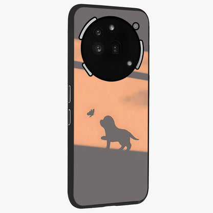 Puppy Shadow Art Glass Case upright view showcasing charming puppy artwork with creative silhouette theme.