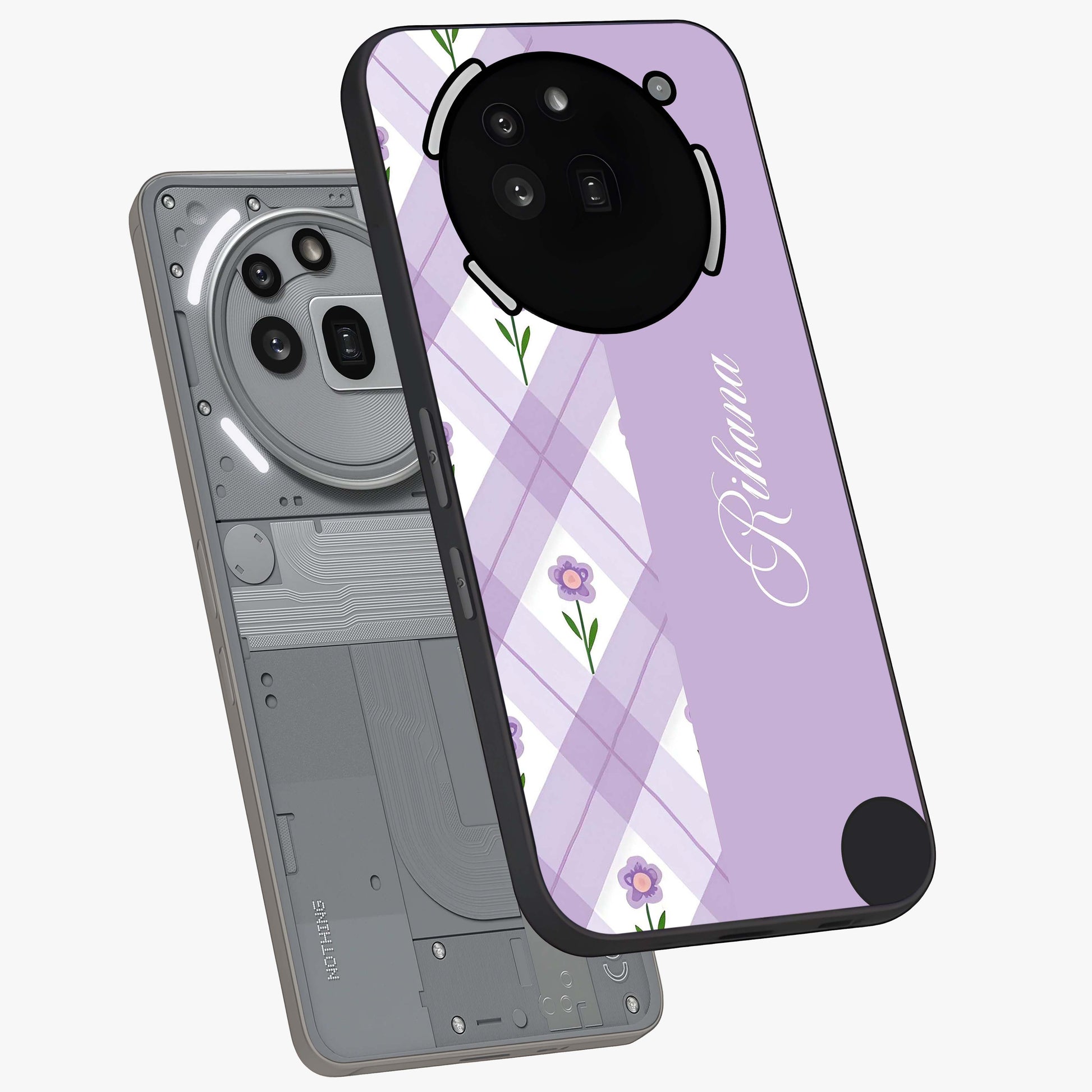 Purple Diamond Floral Glass Case displayed in angled mockup highlighting elegant purple flower design with decorative pattern.