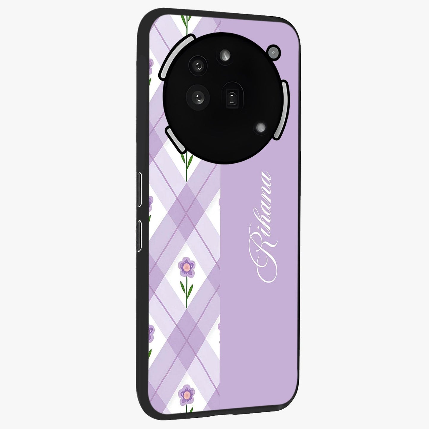 Purple Diamond Floral Glass Case upright view showcasing vibrant floral artwork with stylish geometric theme.