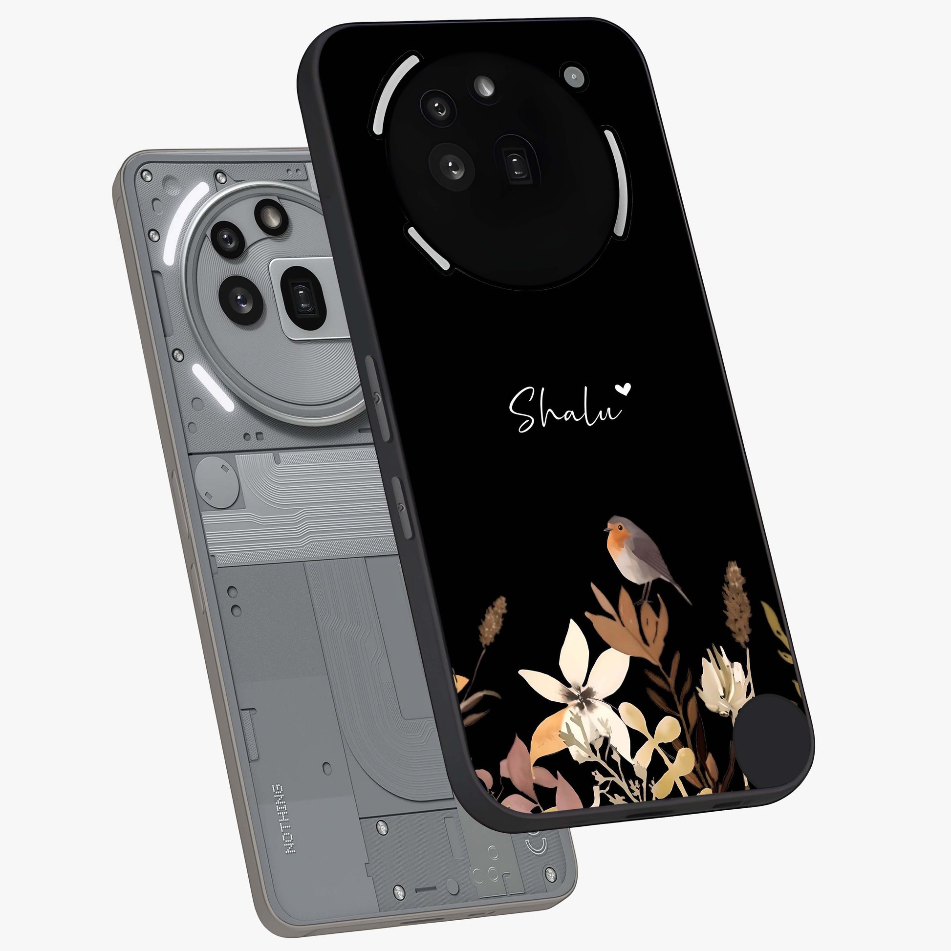 Quiet Garden Tune Custom Name Glass Case displayed in angled mockup highlighting delicate floral garden design with custom name feature.
