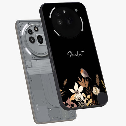Quiet Garden Tune Custom Name Glass Case displayed in angled mockup highlighting delicate floral garden design with custom name feature.