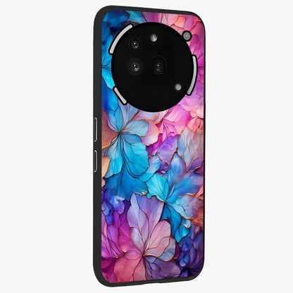 Radiant Floral Whirl Glass Case upright view showcasing lively floral artwork with decorative swirl theme.