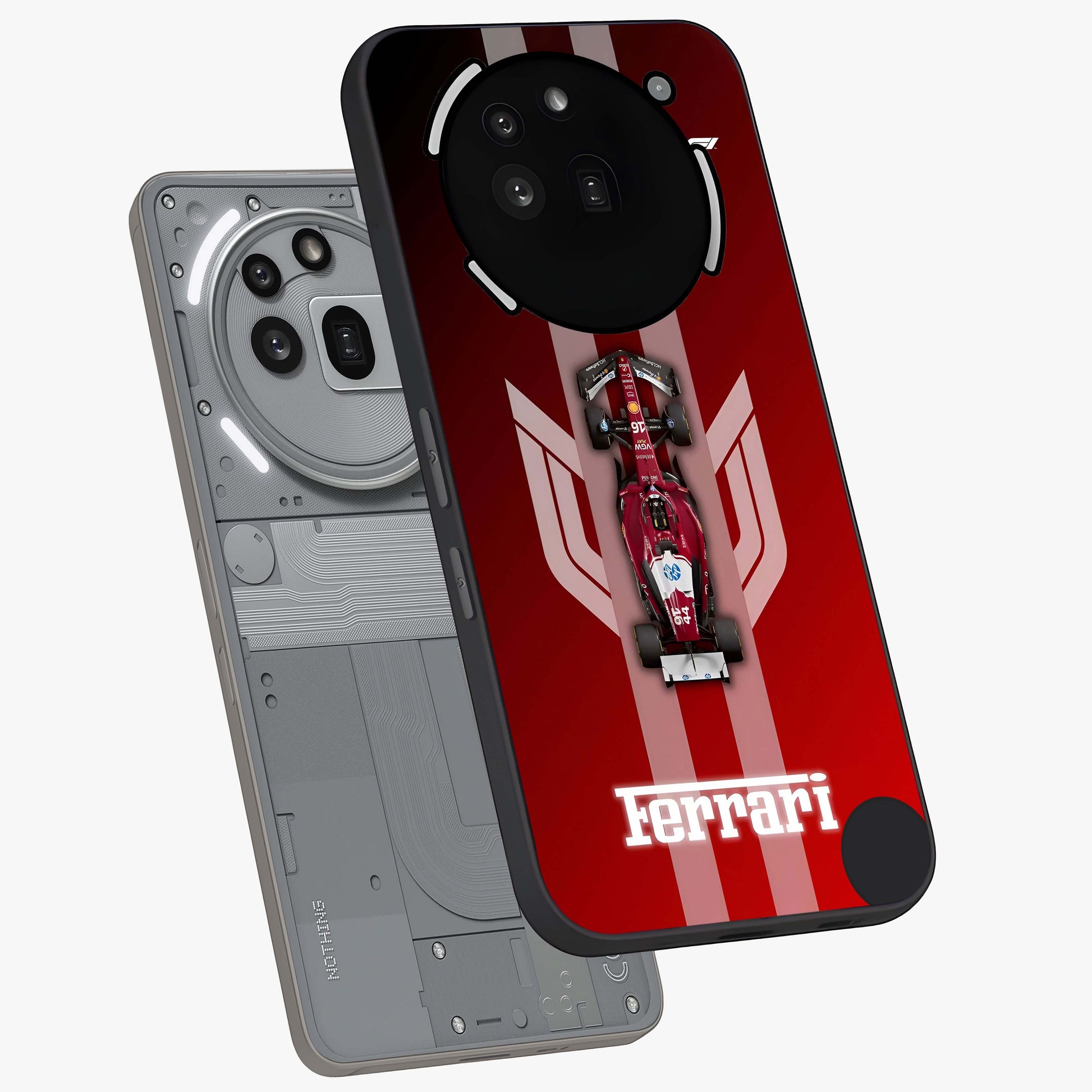 Red Ferrari F1 Vertical Glass Case displayed in angled mockup highlighting high speed racing design with bold automotive aesthetic.