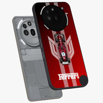 Red Ferrari F1 Vertical Glass Case displayed in angled mockup highlighting high speed racing design with bold automotive aesthetic.