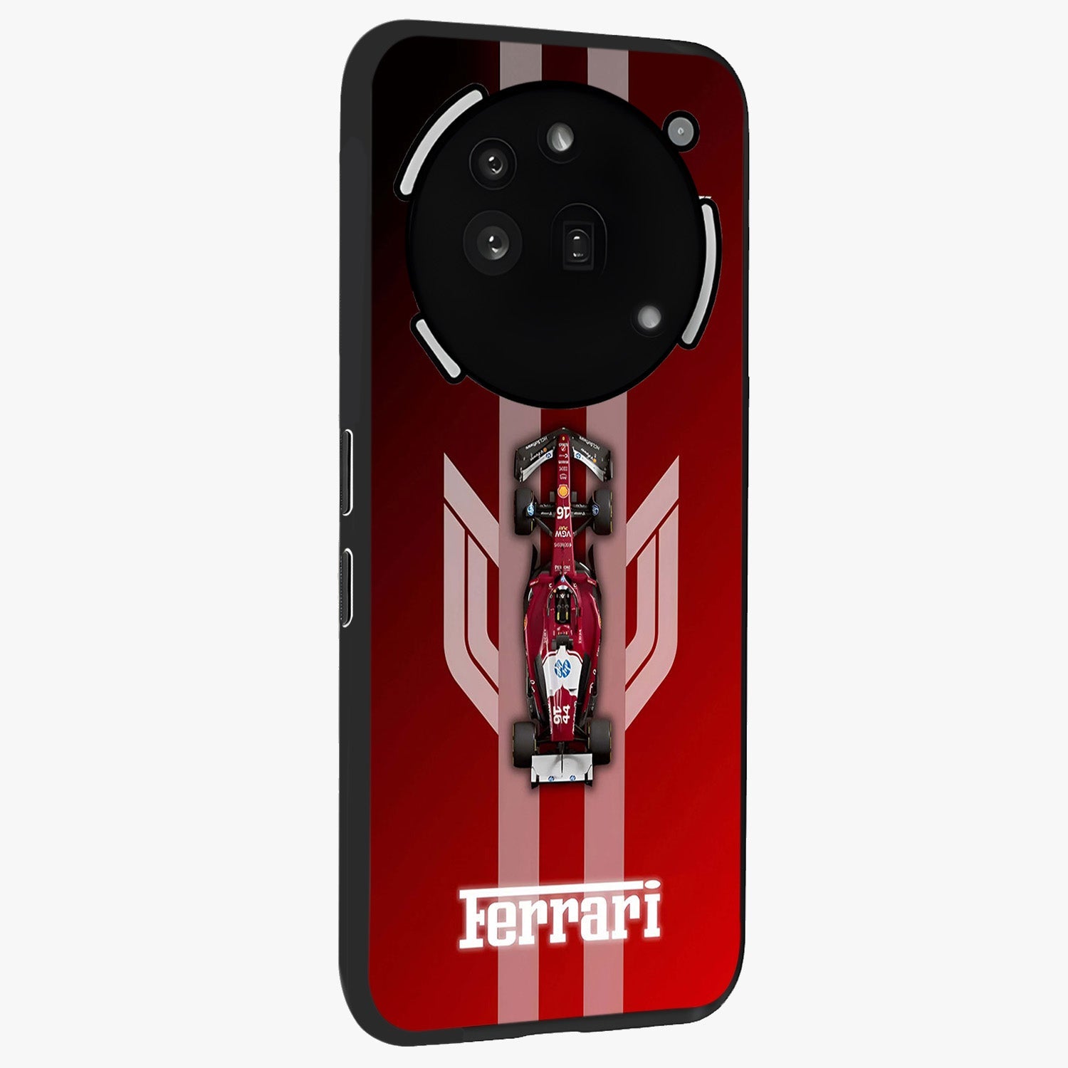 Red Ferrari F1 Vertical Glass Case upright view showcasing powerful Formula car artwork with dynamic motorsport theme.