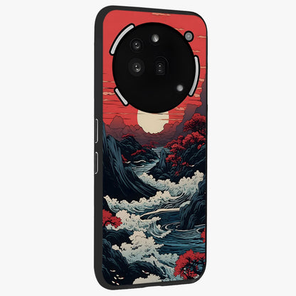 Red Sunset Scenery Glass Case upright view showcasing dramatic sunset scenery artwork with warm nature theme.