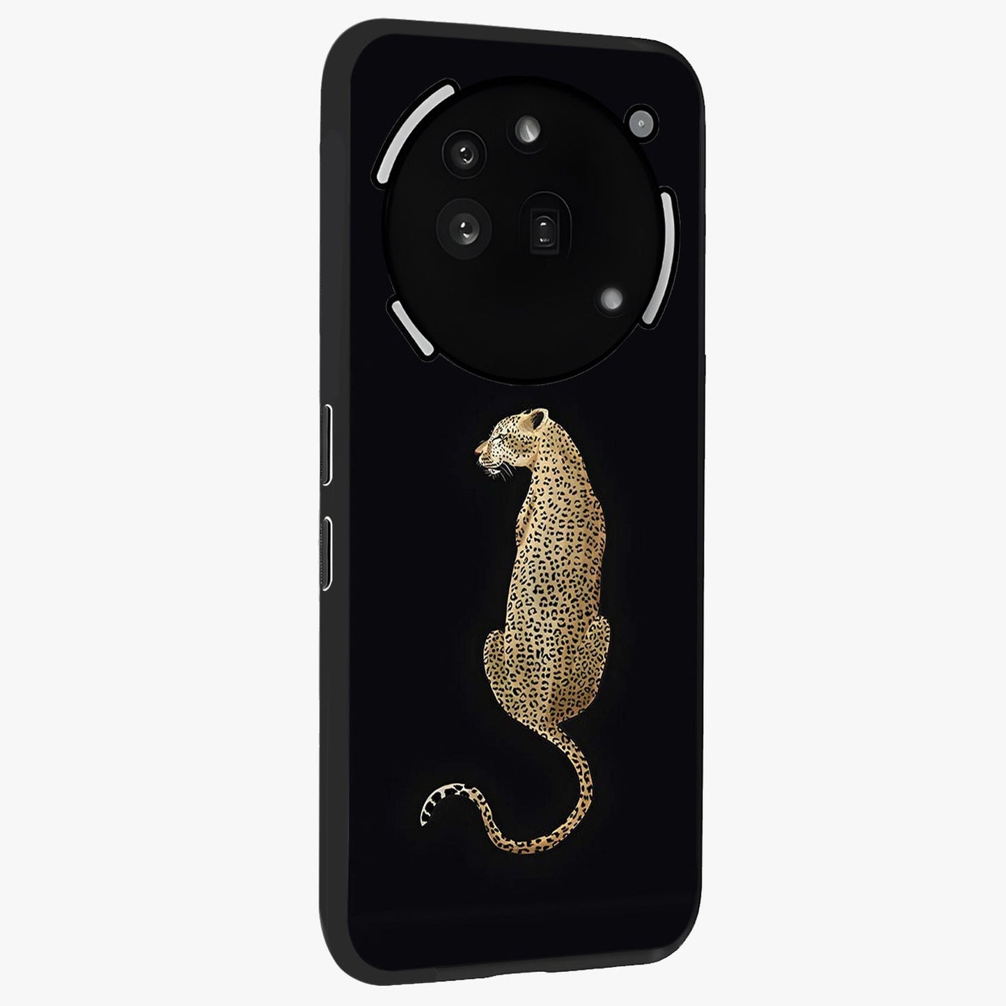 Regal Leopard Glass Case upright view showcasing striking leopard artwork with fierce wildlife theme.