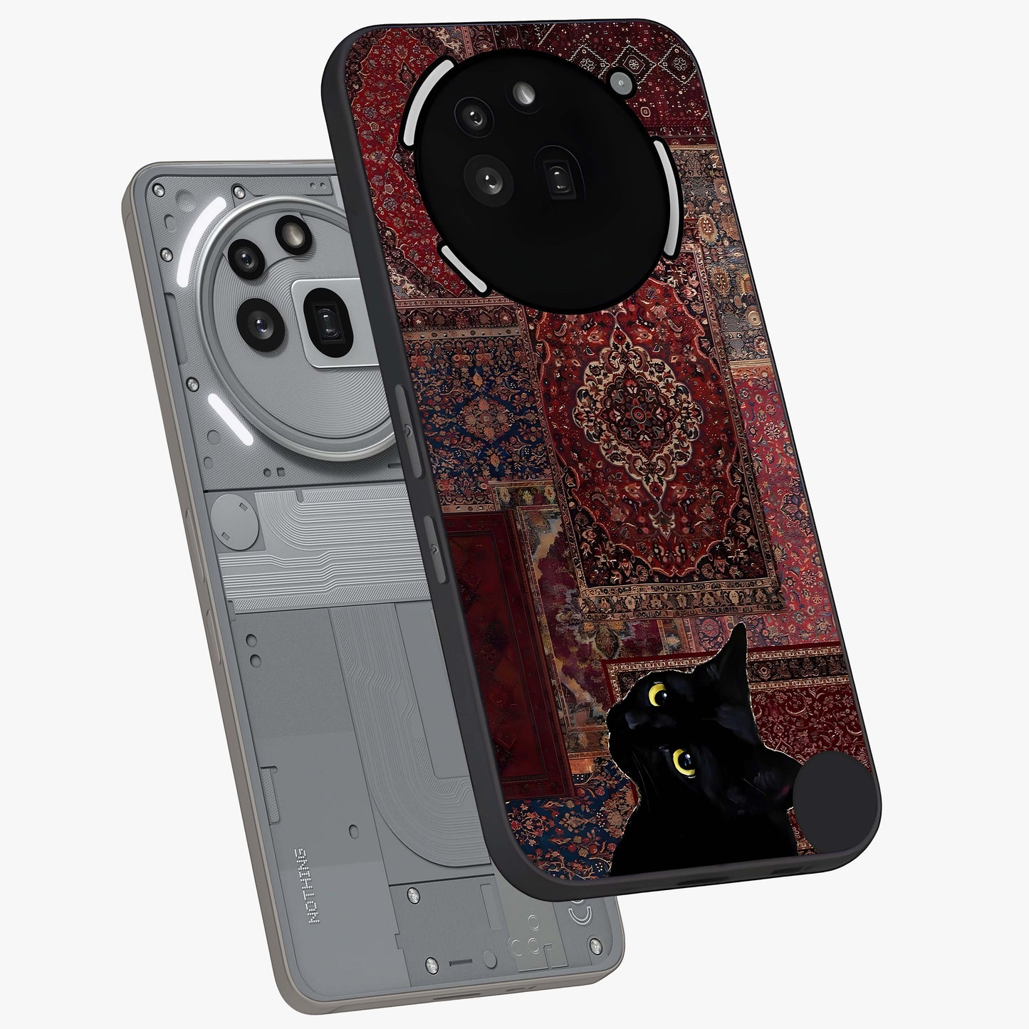 Regal Magic Cat Apple Glass Case displayed in angled mockup highlighting whimsical feline design with fantasy aesthetic.