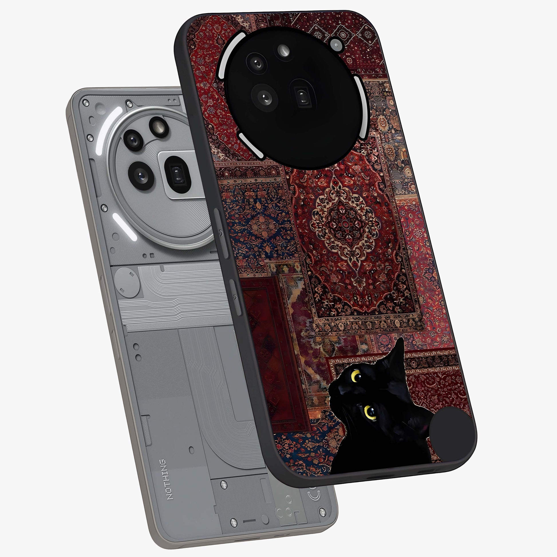 Regal Magic Cat Apple Glass Case displayed in angled mockup highlighting whimsical feline design with fantasy aesthetic.