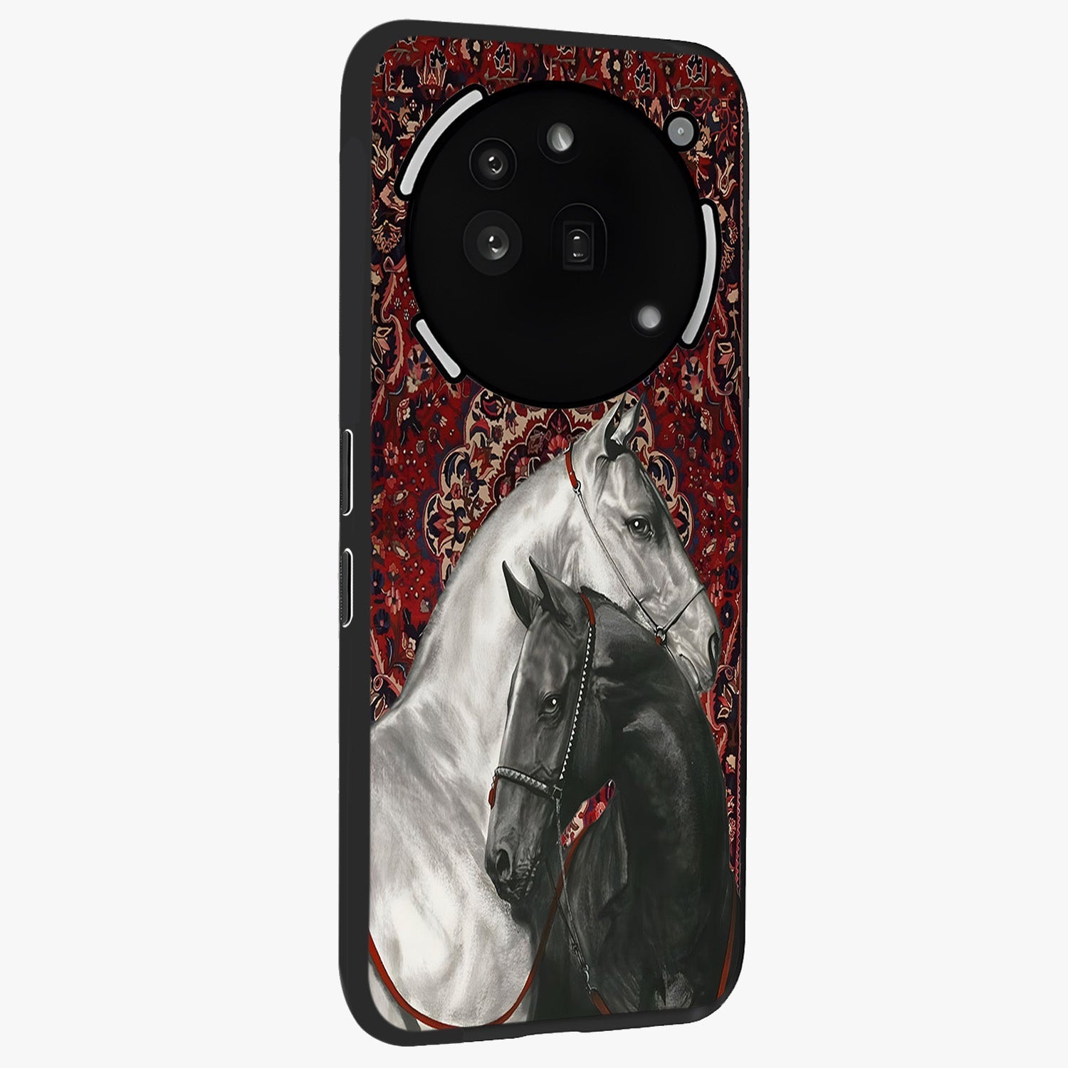 Regal Stallion Tapestry Glass Case upright view showcasing powerful horse artwork with elegant tapestry theme.