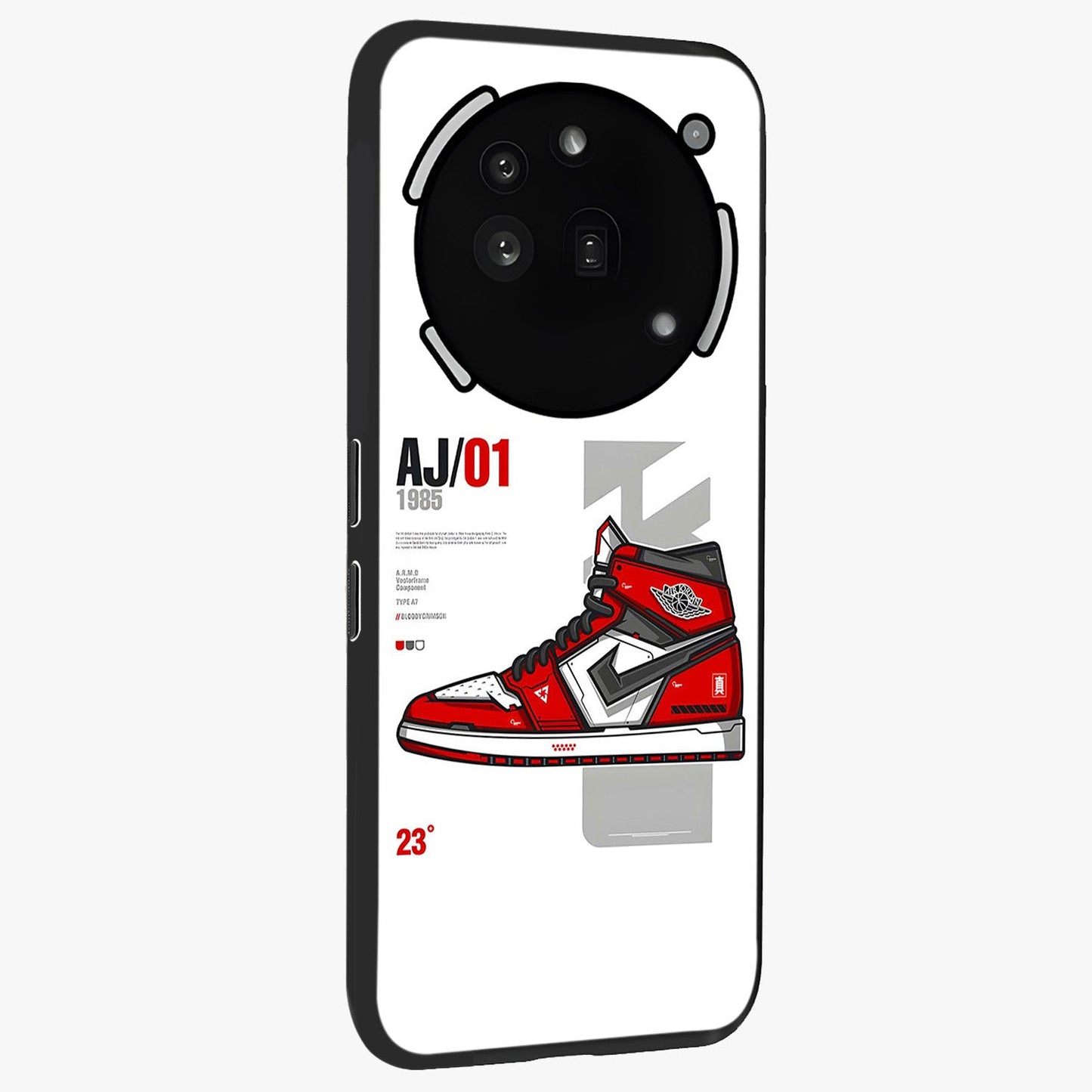 Retro Sneaker Blueprint Glass Case upright view showcasing stylish sneaker illustration with vintage streetwear theme.