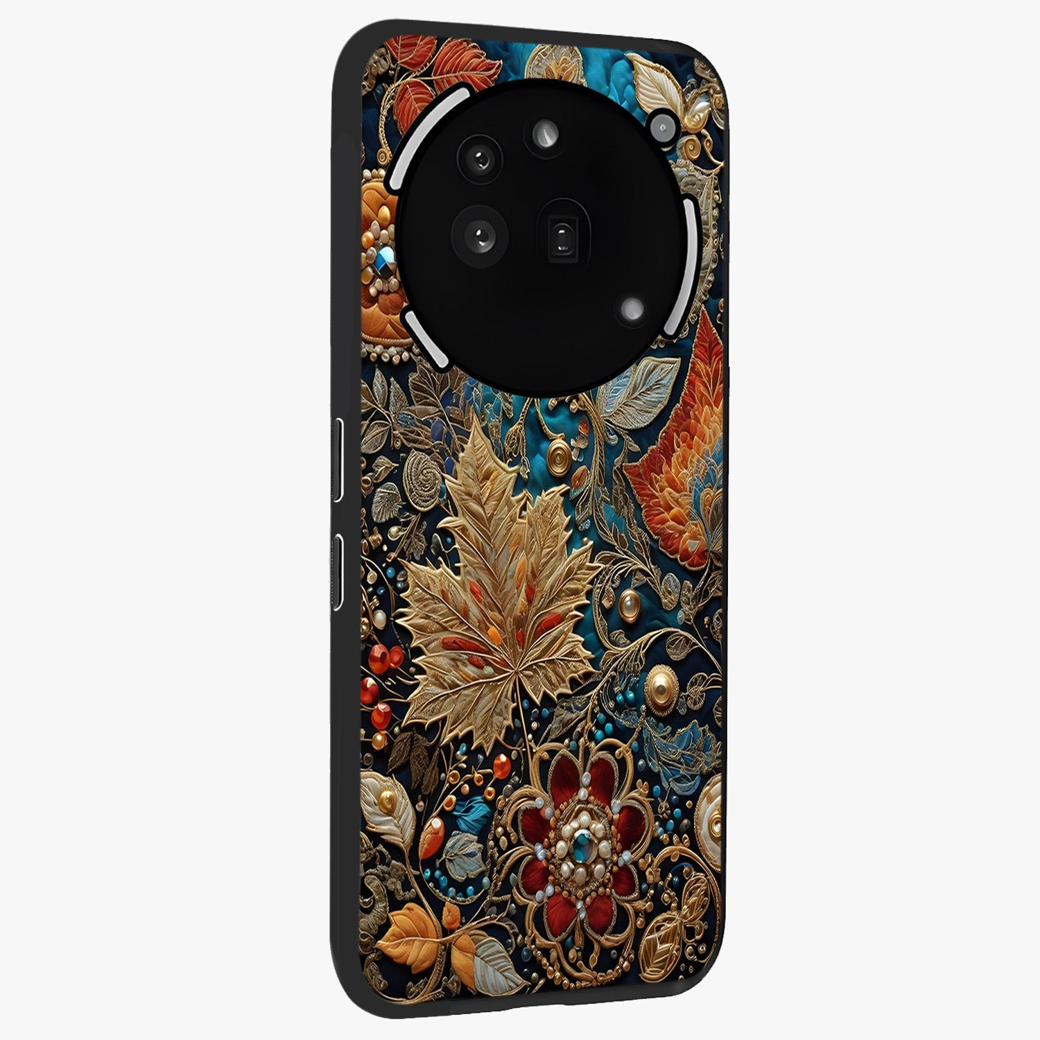 Royal Jewel Garden Glass Case upright view showcasing rich floral artwork with luxurious garden theme.