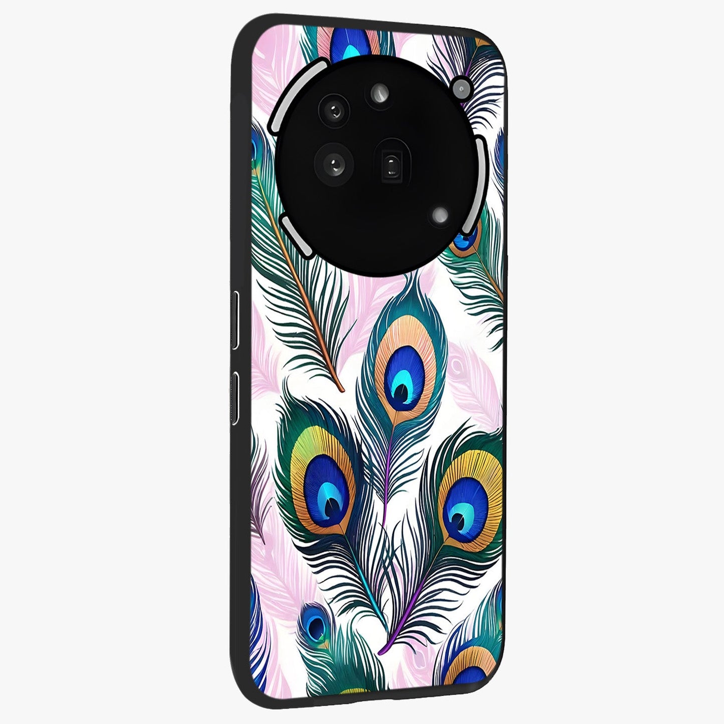 Royal Peacock Feathers Glass Case upright view showcasing elegant peacock feather artwork with decorative royal theme.