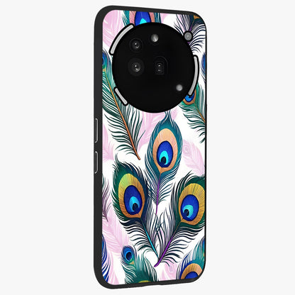 Royal Peacock Feathers Glass Case upright view showcasing elegant peacock feather artwork with decorative royal theme.