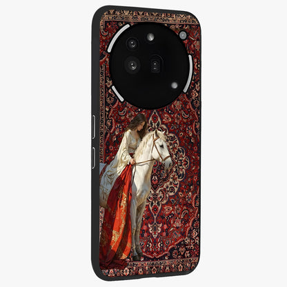 Royal Rider Tapestry Glass Case upright view showcasing detailed rider artwork with classic tapestry theme.