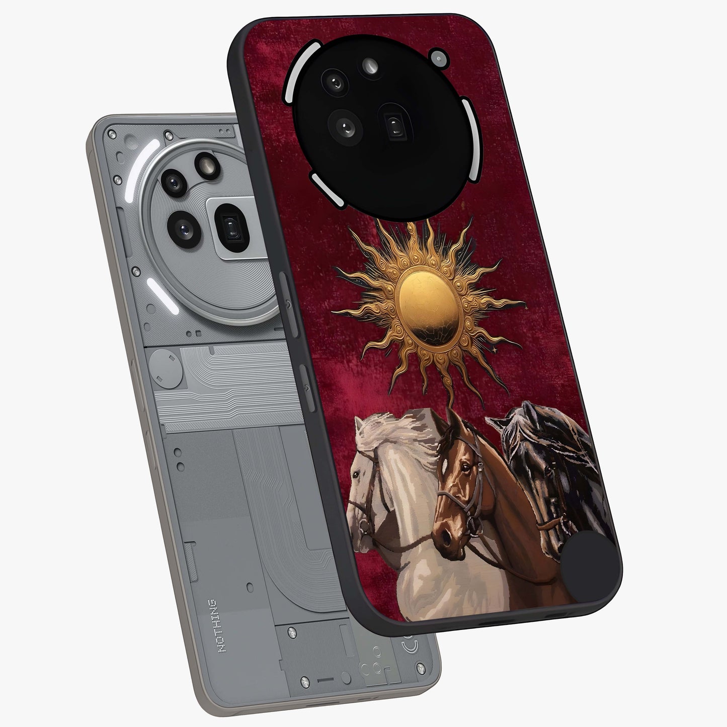 Solar Riders Glass Case displayed in angled mockup highlighting powerful rider illustration with radiant solar aesthetic.