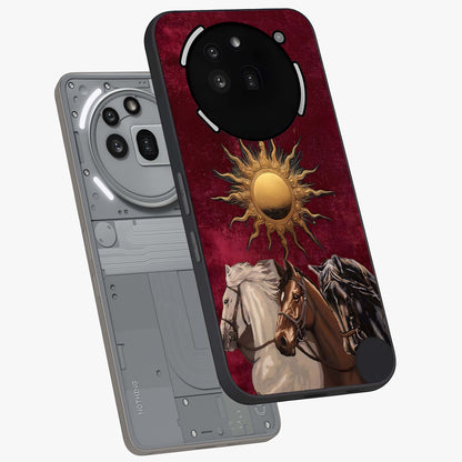 Solar Riders Glass Case displayed in angled mockup highlighting powerful rider illustration with radiant solar aesthetic.