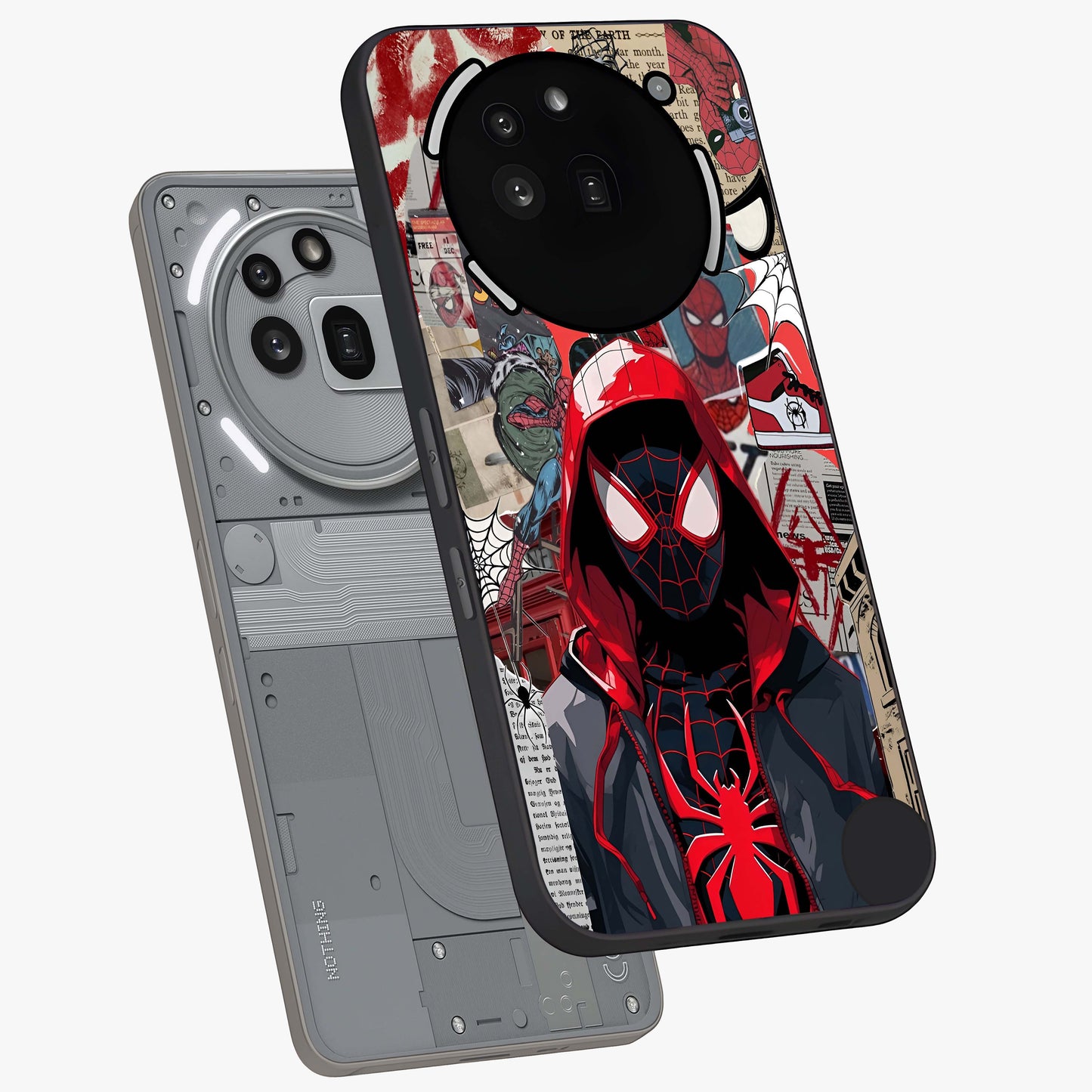 Spider Collage Street Glass Case displayed in angled mockup highlighting dynamic street style collage design with comic aesthetic.